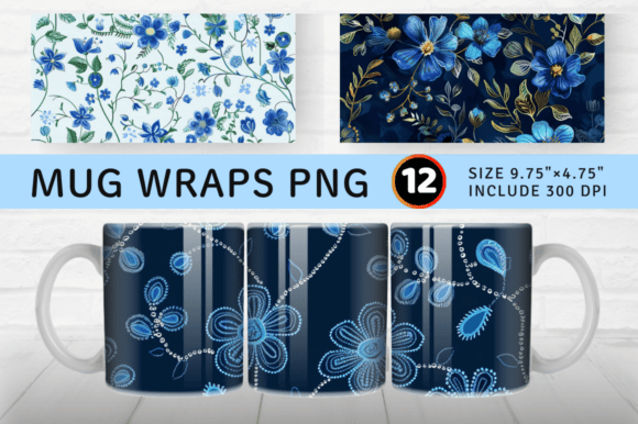 Blue Embroidery Flowers Mug Wrap Sublima