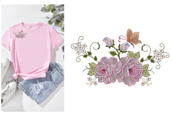 Roses and Butterfly Embroidery Design