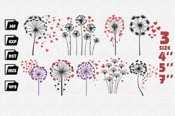 Set of 9 Dandelions with Hearts